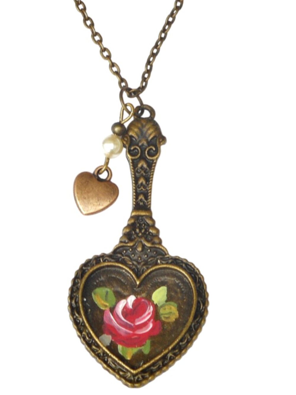 Adjustable Vintage Style Painted Rose Heart Pendant Necklace Romantic Jewelry